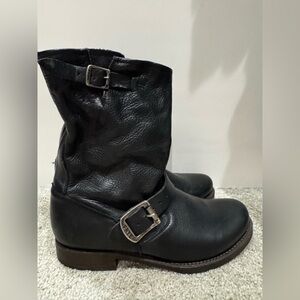 Frye Black Leather Moto Buckle Boots